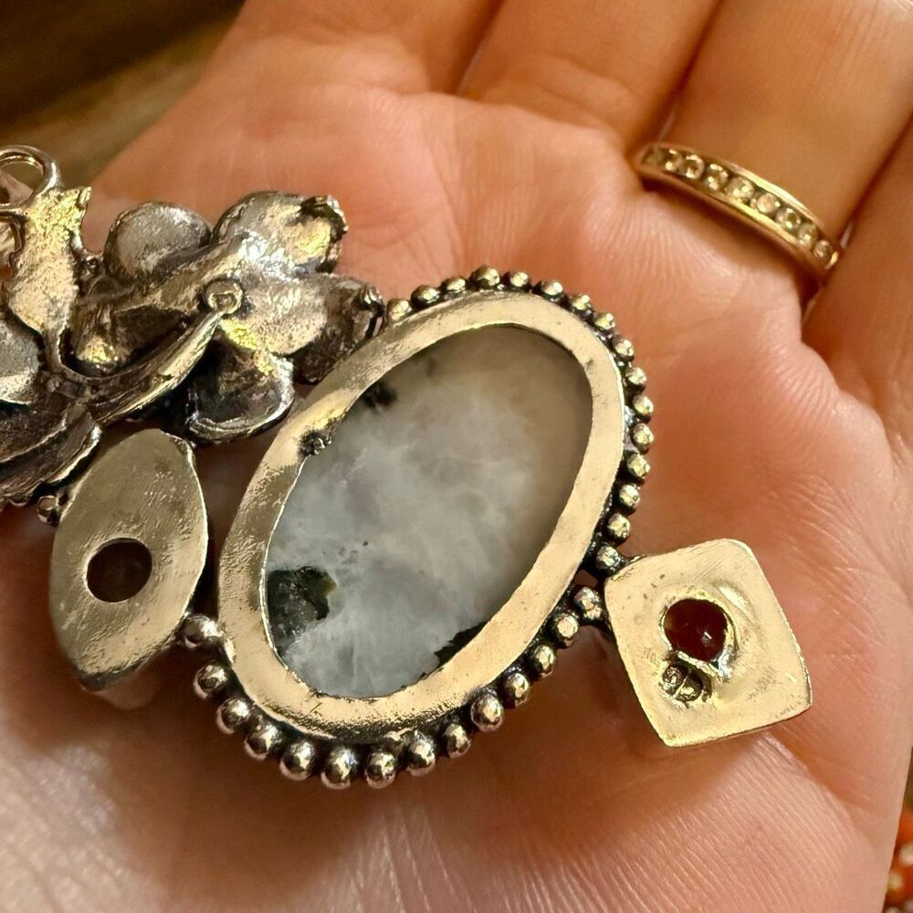 Stunning Sterling Silver Filigree Moonstone White Topaz Pendant Floral Necklace - Picture 5 of 8